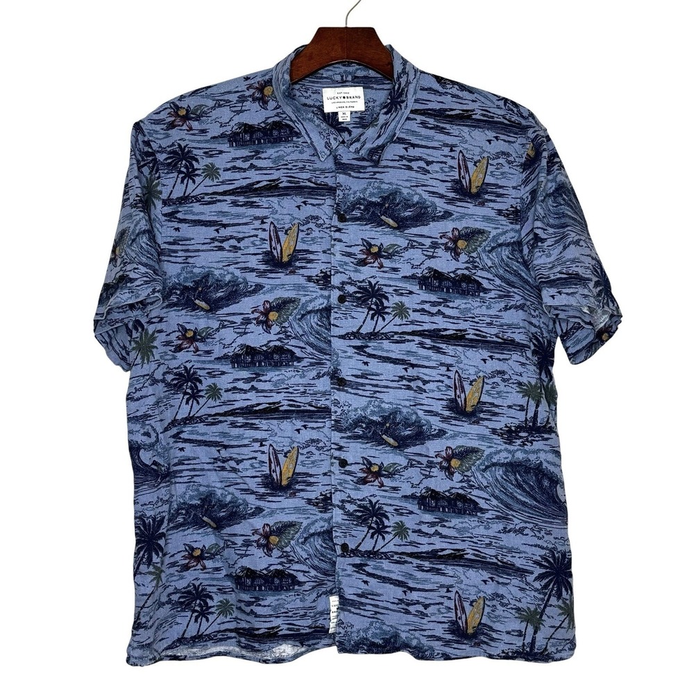 Lucky Brand Shirts Mens Hawaiian Surf XL Blue Linen Camp Loop Collar Button Up